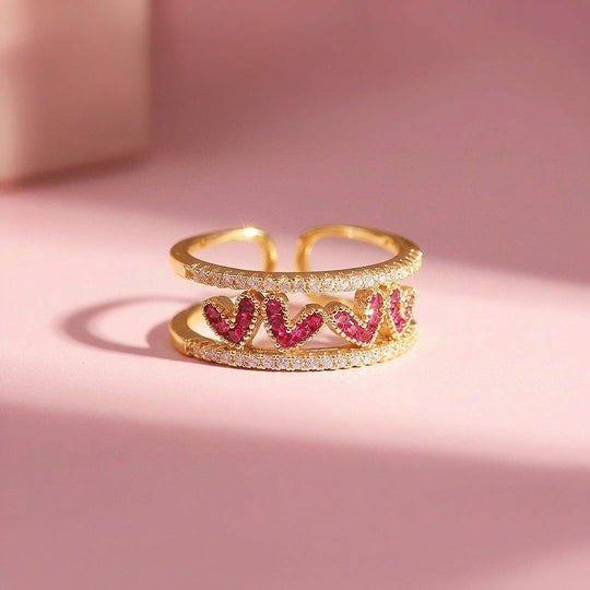 Double Band Statement Ring | Ruby Red Accents | Diamond Simulant | Pink Hearts &amp; White Hearts Gold Plated | Luxe5165