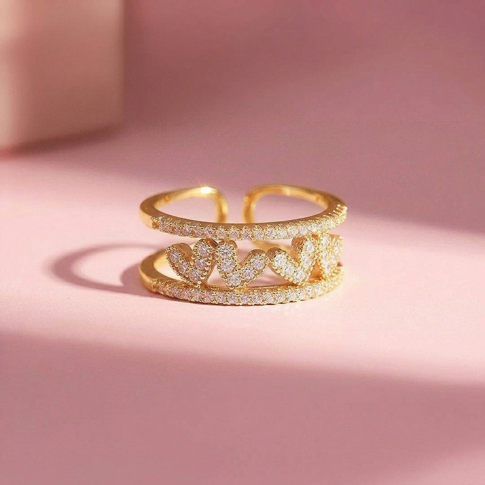 Double Band Statement Ring | Ruby Red Accents | Diamond Simulant | Pink Hearts & White Hearts Gold Plated | Luxe5165