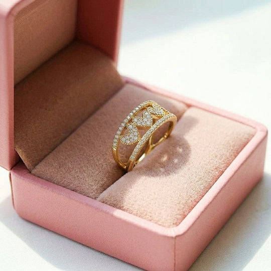 Double Band Statement Ring | Ruby Red Accents | Diamond Simulant | Pink Hearts &amp; White Hearts Gold Plated | Luxe5165