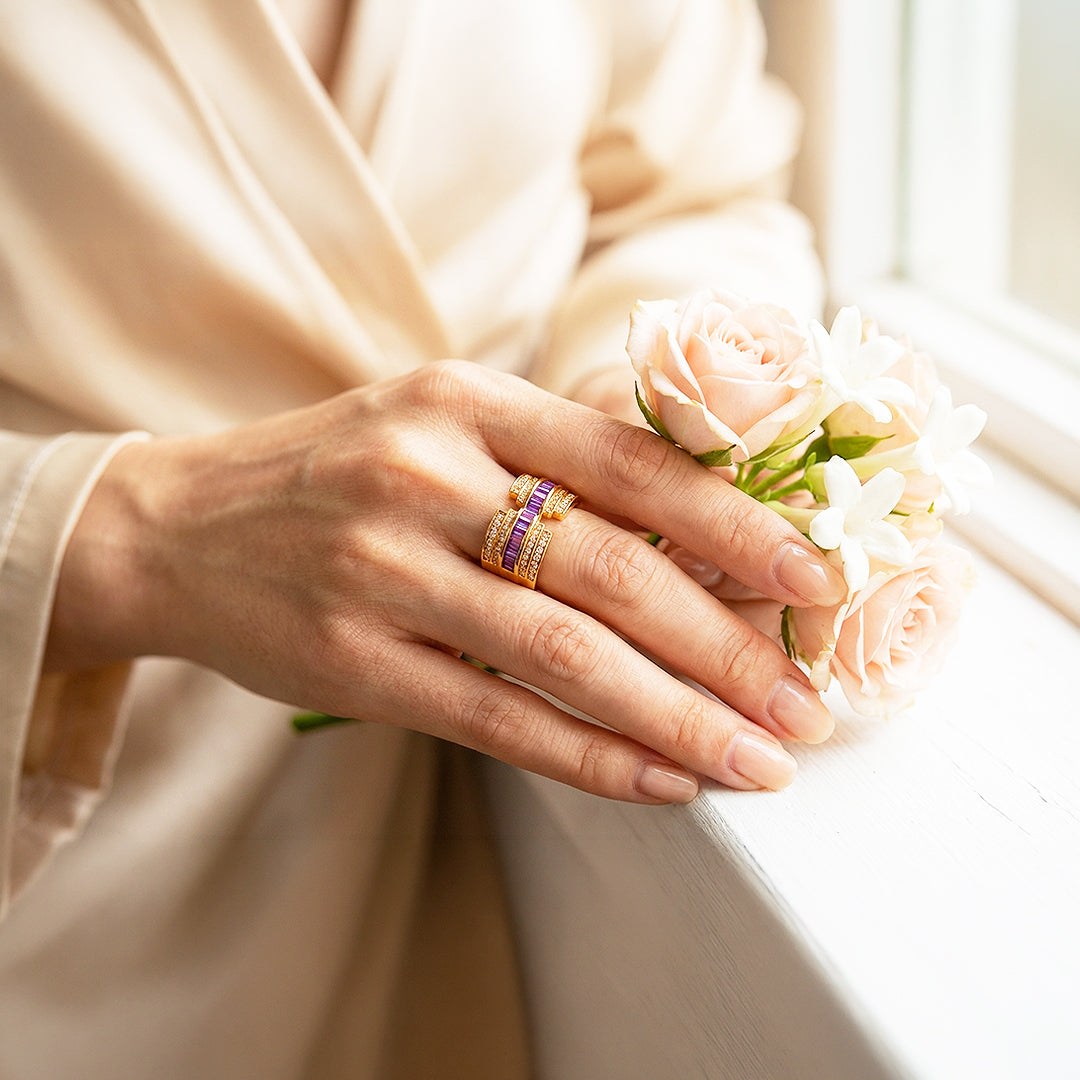 Statement Ring | Adjustable | Purple Diamond Simulant | Gold Plated | Luxe5173