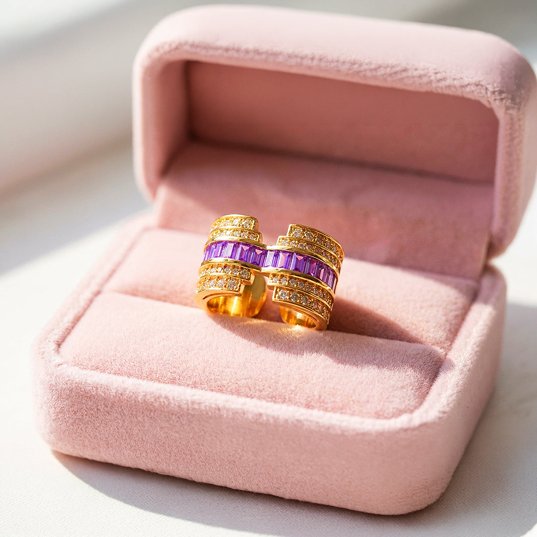 Statement Ring | Adjustable | Purple Diamond Simulant | Gold Plated | Luxe5173
