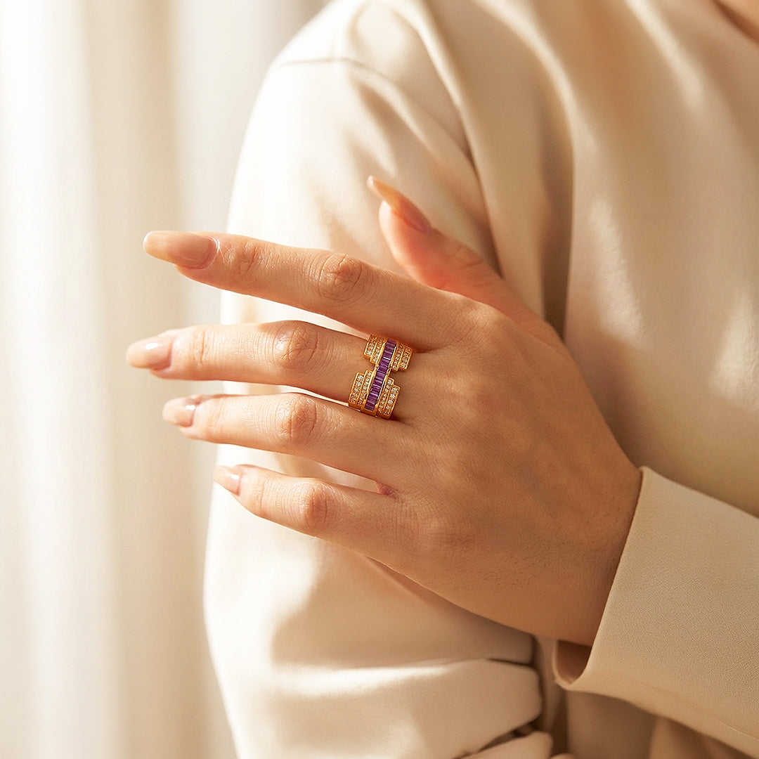 Statement Ring | Adjustable | Purple Diamond Simulant | Gold Plated | Luxe5173