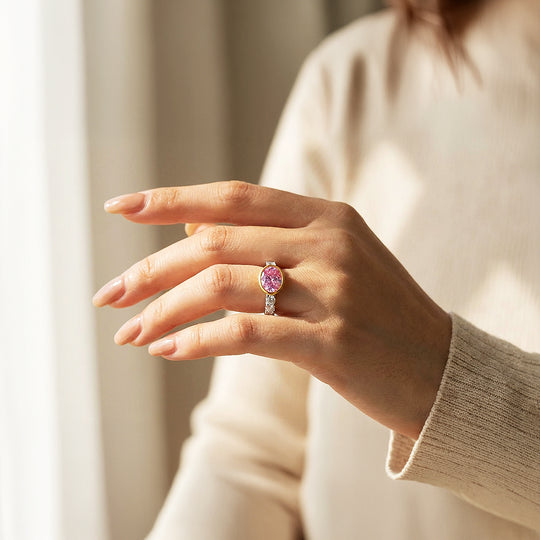 Statement Ring | Oval Cut | Pink Diamond Simulant | Gold Bezel Setting | Luxe5174