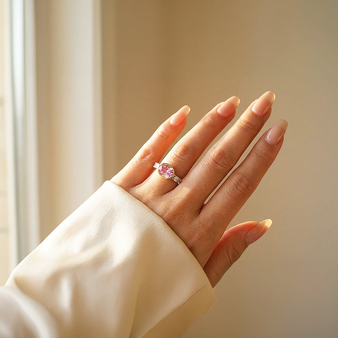 Statement Ring | Oval Cut | Pink Diamond Simulant | Gold Bezel Setting | Luxe5174