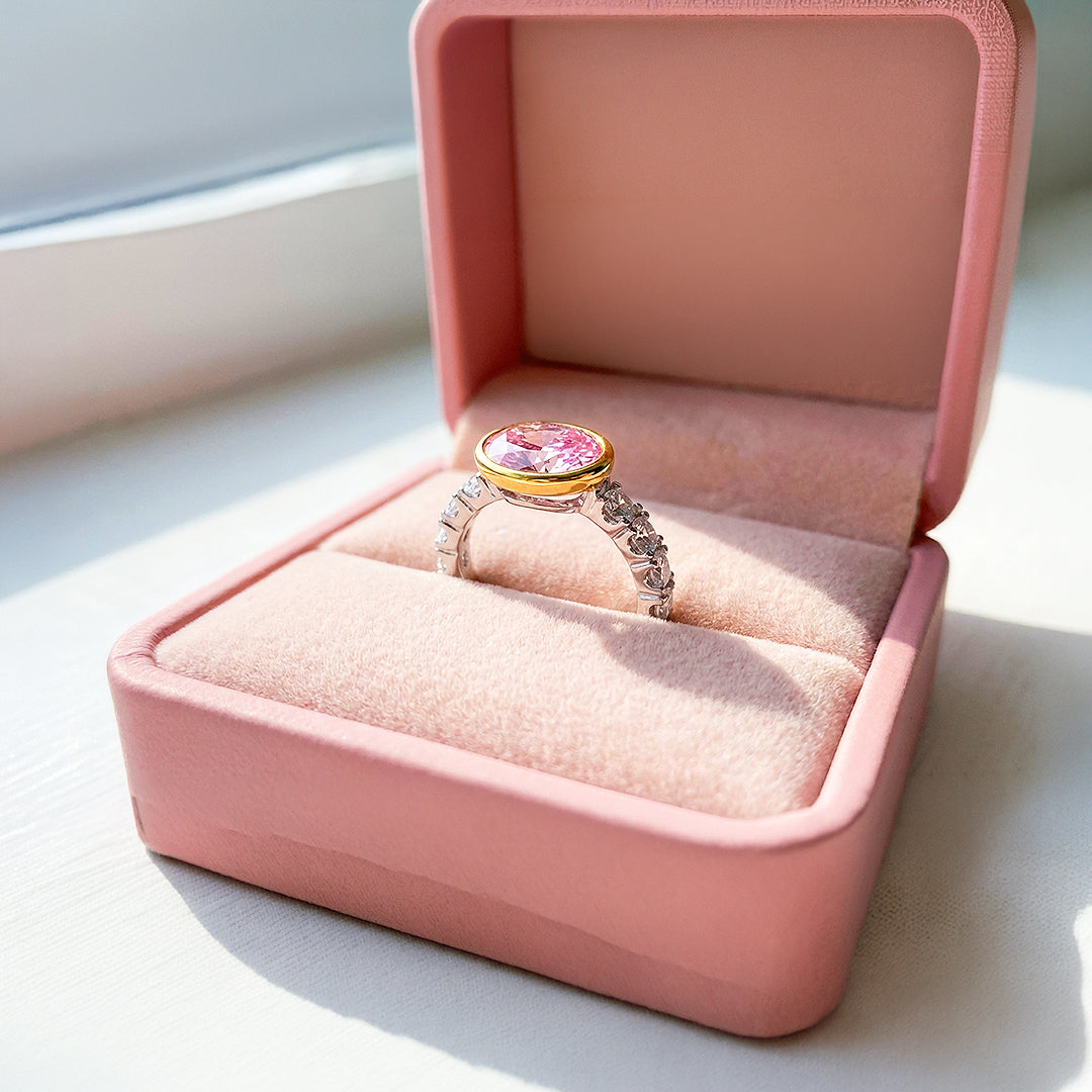 Statement Ring | Oval Cut | Pink Diamond Simulant | Gold Bezel Setting | Luxe5174