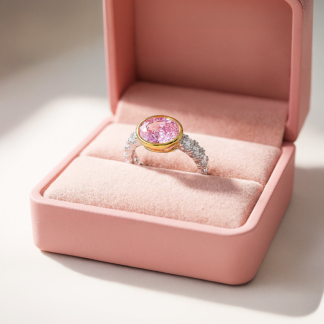 Statement Ring | Oval Cut | Pink Diamond Simulant | Gold Bezel Setting | Luxe5174