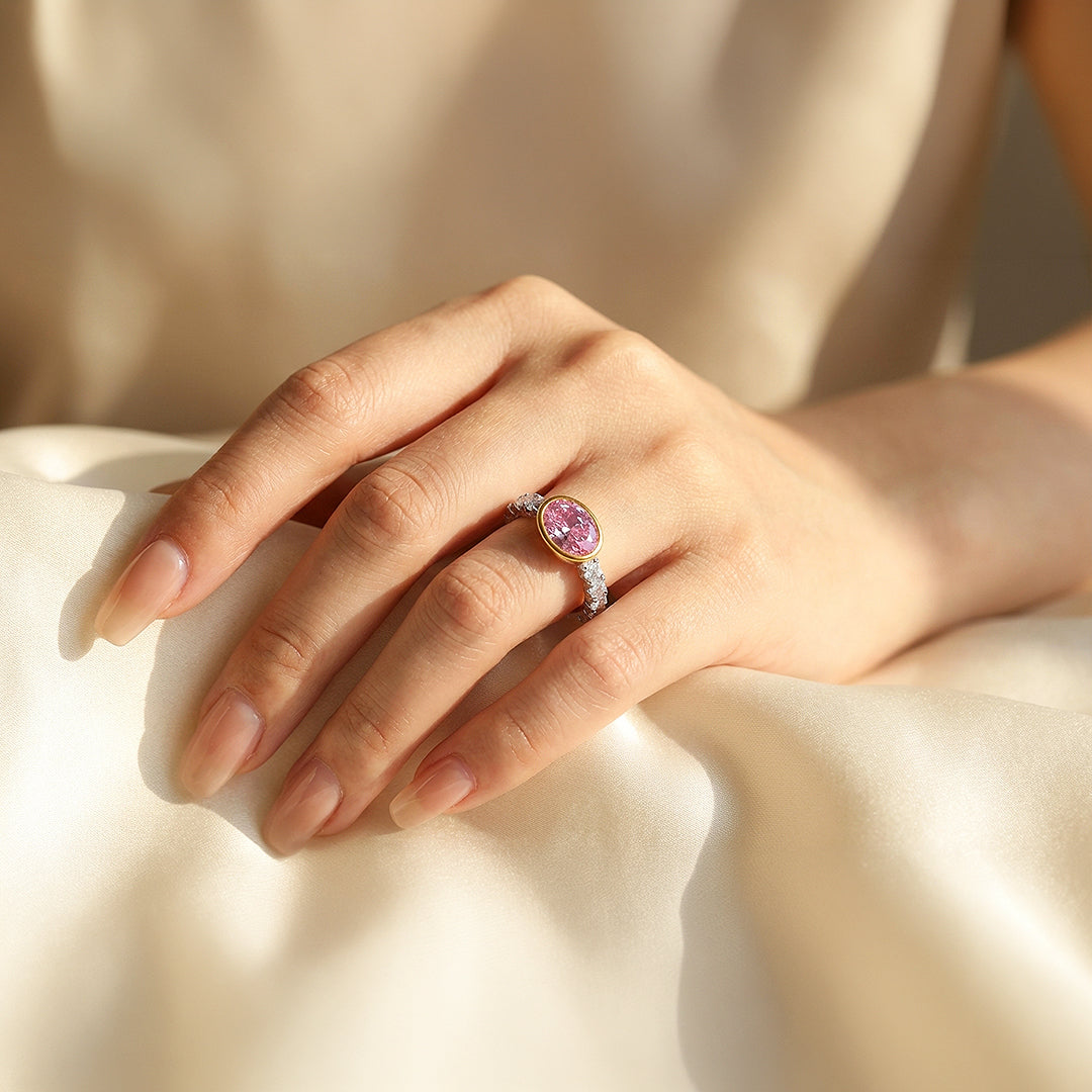 Statement Ring | Oval Cut | Pink Diamond Simulant | Gold Bezel Setting | Luxe5174