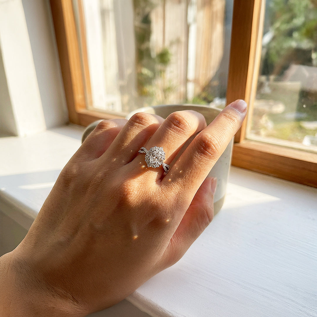 Halo Engagement Ring | Oval Diamond Simulant | White Gold Plating | Luxe5182