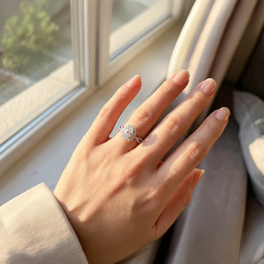 Halo Engagement Ring | Oval Diamond Simulant | White Gold Plating | Luxe5182