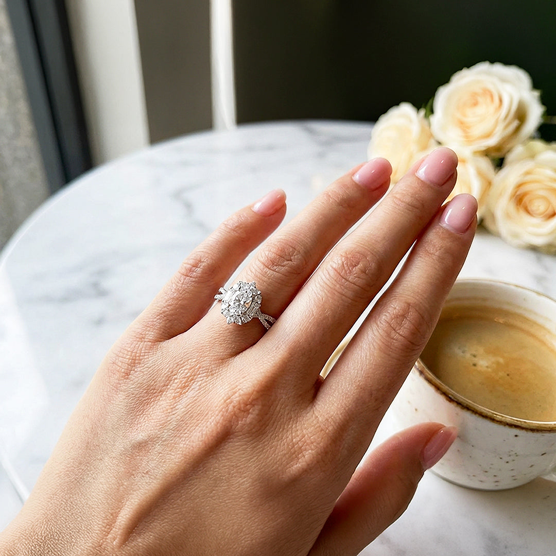 Halo Engagement Ring | Oval Diamond Simulant | White Gold Plating | Luxe5182