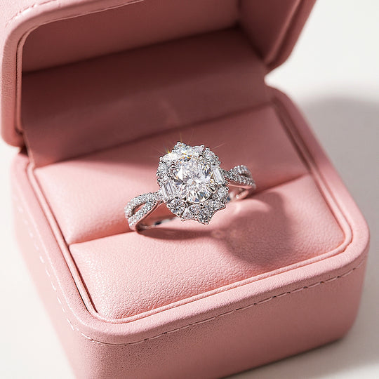 Halo Engagement Ring | Oval Diamond Simulant | White Gold Plating | Luxe5182