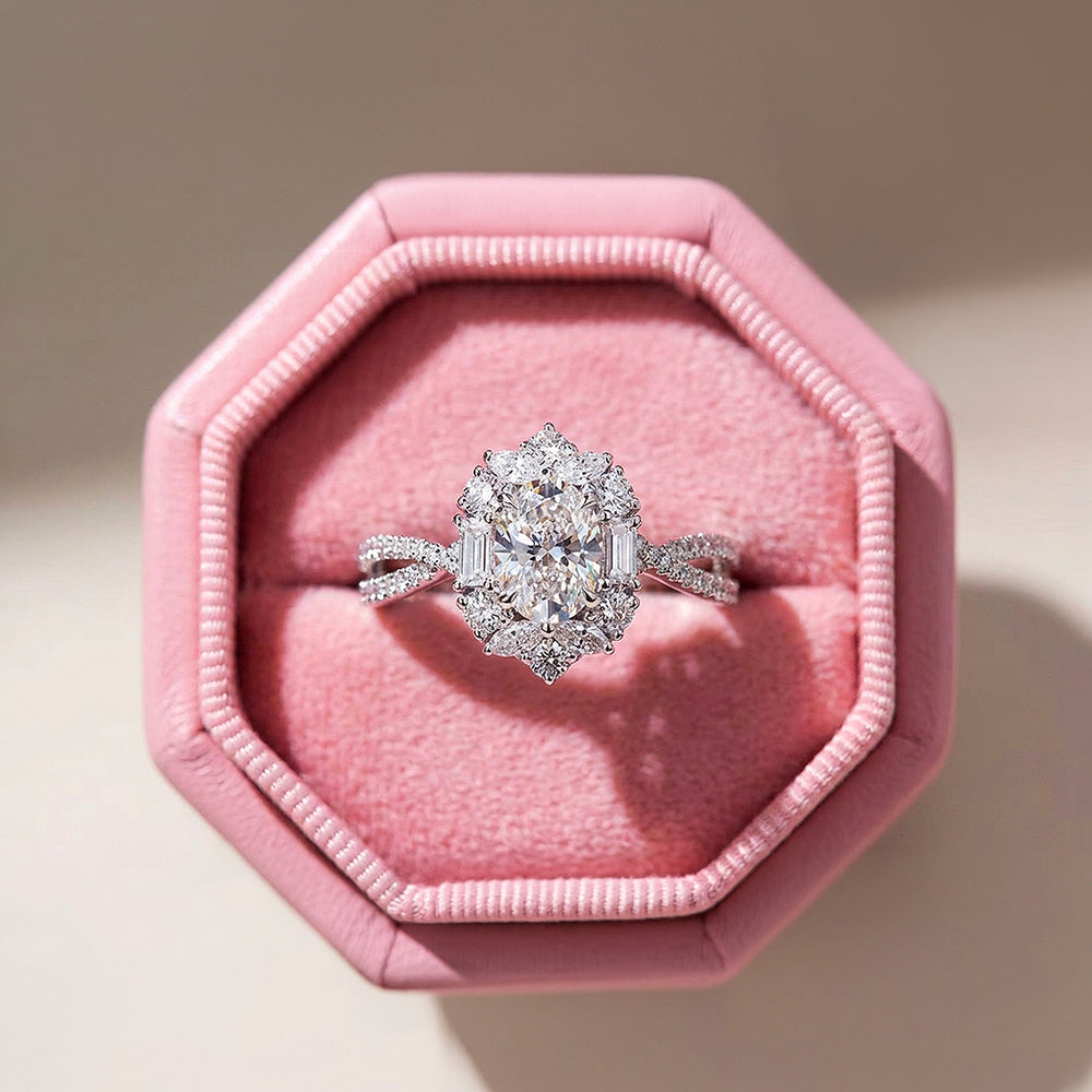 Halo Engagement Ring | Oval Diamond Simulant | White Gold Plating | Luxe5182