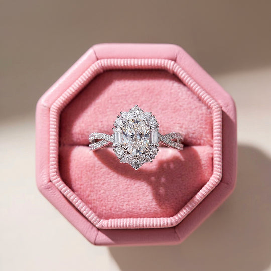 Halo Engagement Ring | Oval Diamond Simulant | White Gold Plating | Luxe5182