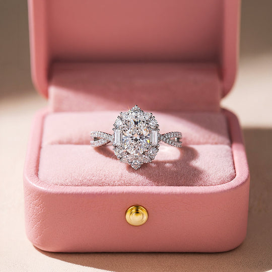 Halo Engagement Ring | Oval Diamond Simulant | White Gold Plating | Luxe5182