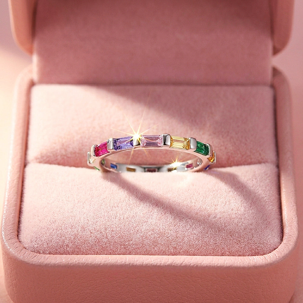 Rainbow Baguette Eternity Ring | Diamond Simulant | 925 Sterling Silver | Prm5006