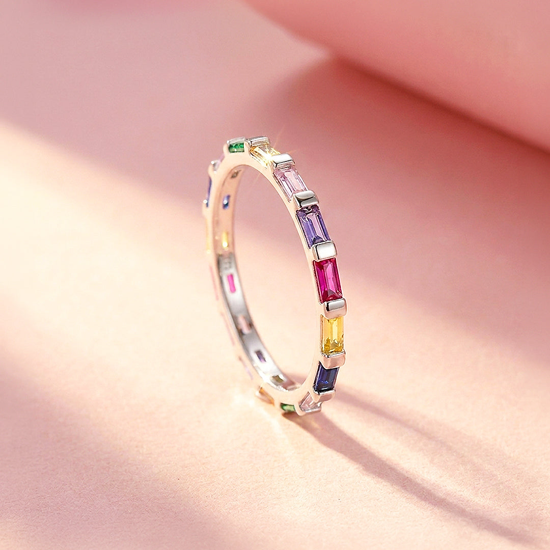 Rainbow Baguette Eternity Ring | Diamond Simulant | 925 Sterling Silver | Prm5006