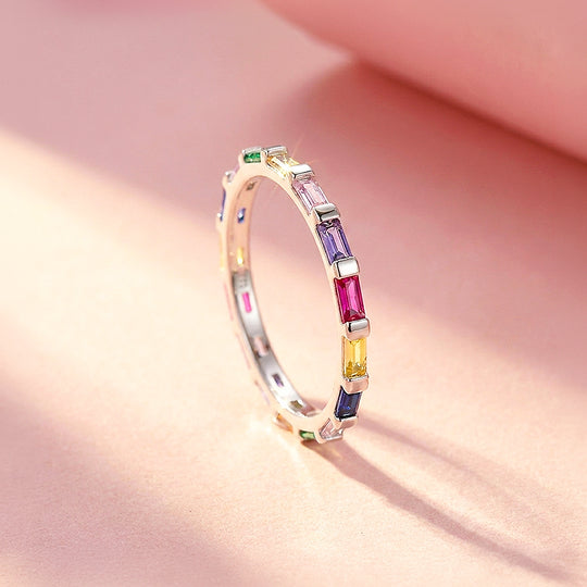 Rainbow Baguette Eternity Ring | Diamond Simulant | 925 Sterling Silver | Prm5006