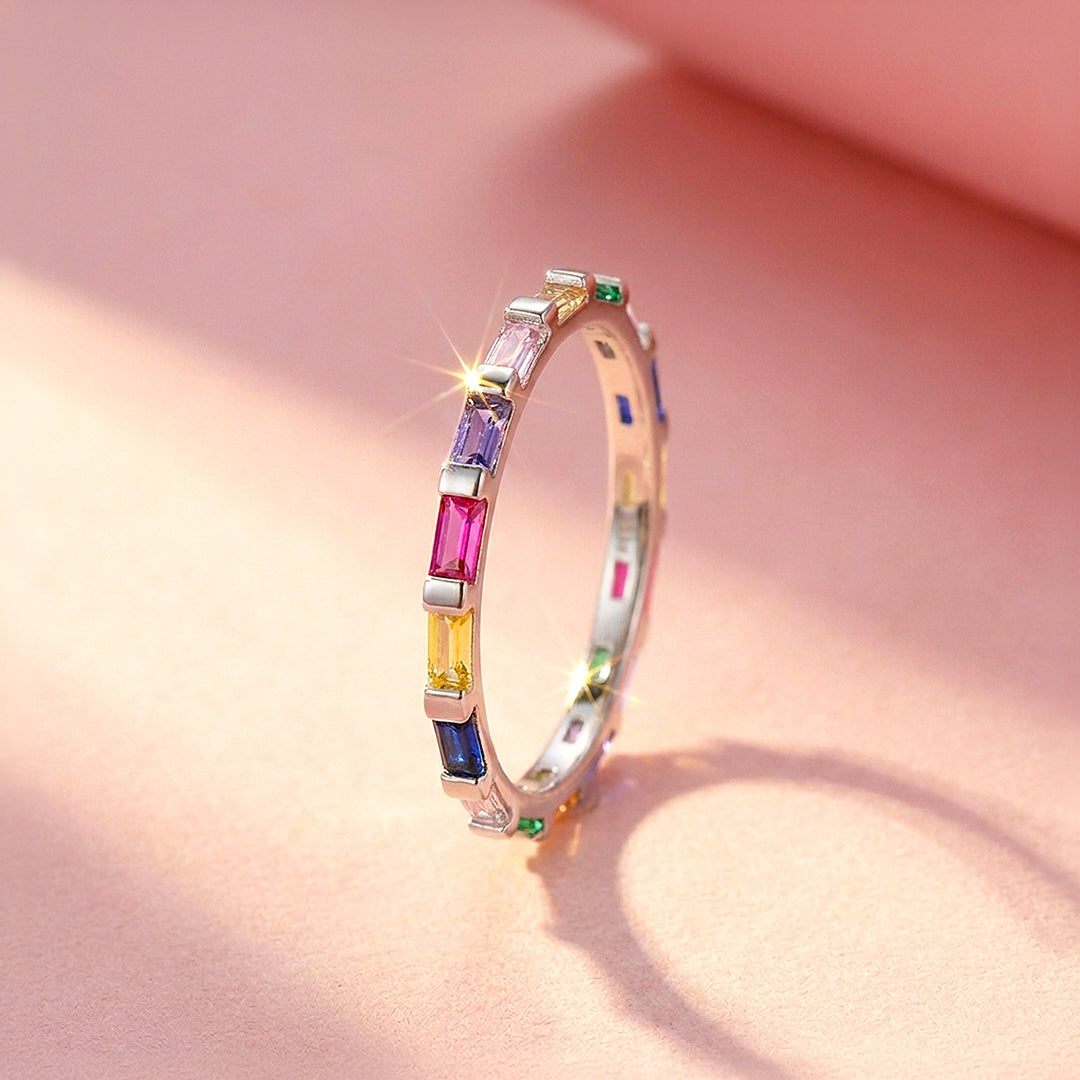 Rainbow Baguette Eternity Ring | Diamond Simulant | 925 Sterling Silver | Prm5006