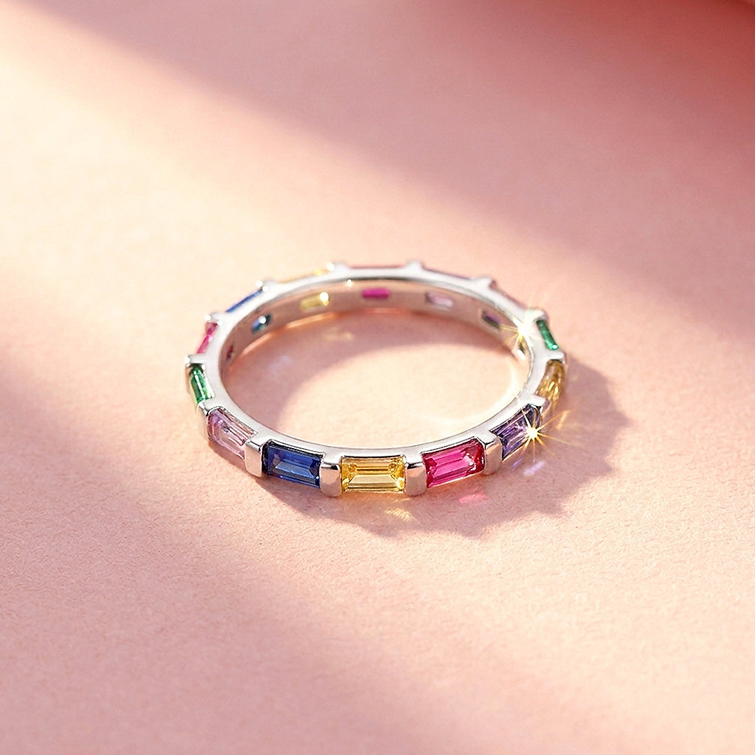Rainbow Baguette Eternity Ring | Diamond Simulant | 925 Sterling Silver | Prm5006