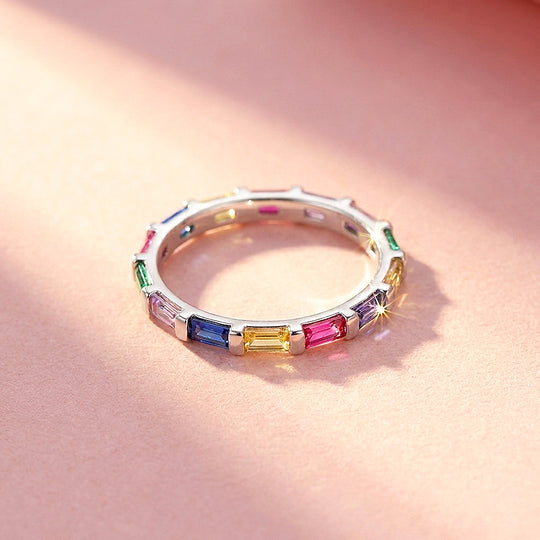 Rainbow Baguette Eternity Ring | Diamond Simulant | 925 Sterling Silver | Prm5006