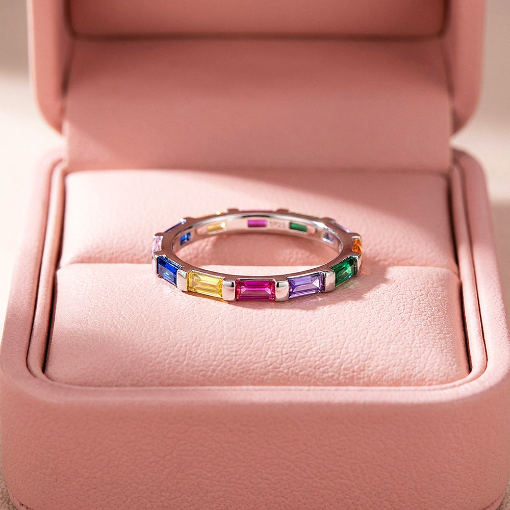 Rainbow Baguette Eternity Ring | 925 Sterling Silver | Prm5006