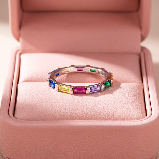 Rainbow Baguette Eternity Ring | Diamond Simulant | 925 Sterling Silver | Prm5006