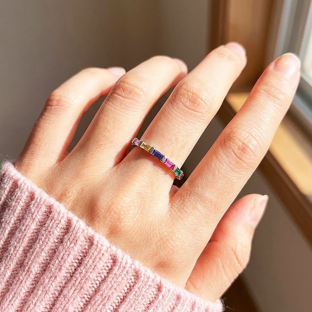 Rainbow Baguette Eternity Ring | Diamond Simulant | 925 Sterling Silver | Prm5006