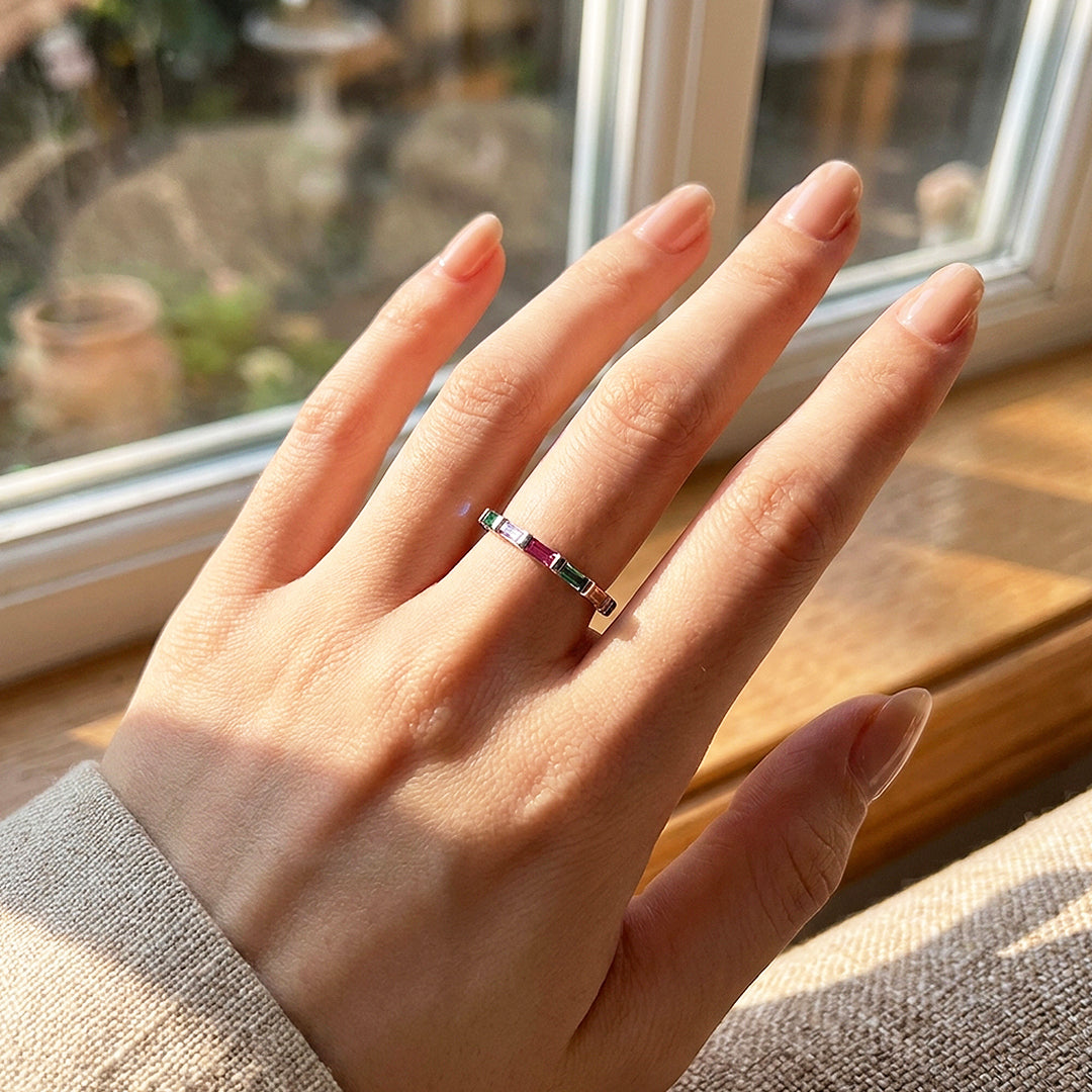 Rainbow Baguette Eternity Ring | Diamond Simulant | 925 Sterling Silver | Prm5006