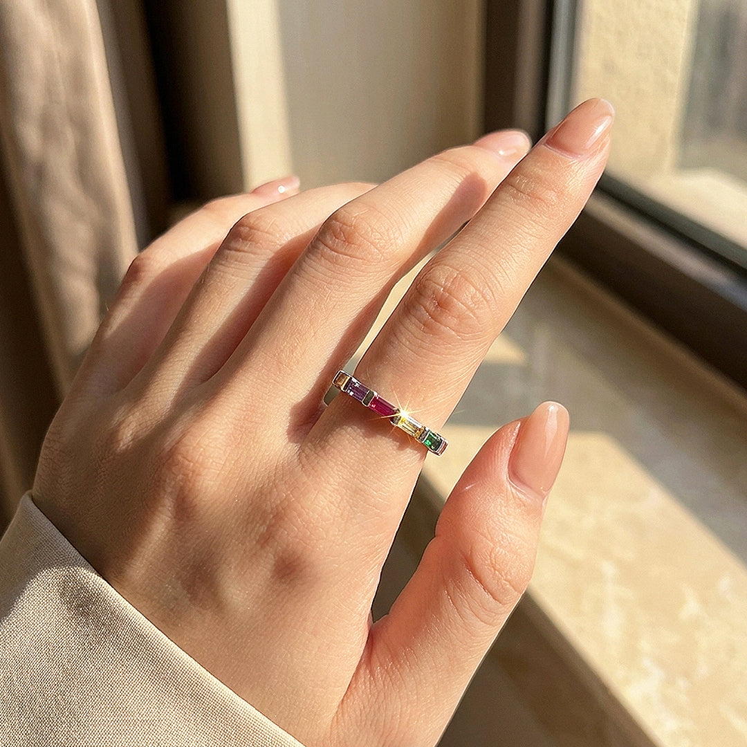 Rainbow Baguette Eternity Ring | Diamond Simulant | 925 Sterling Silver | Prm5006