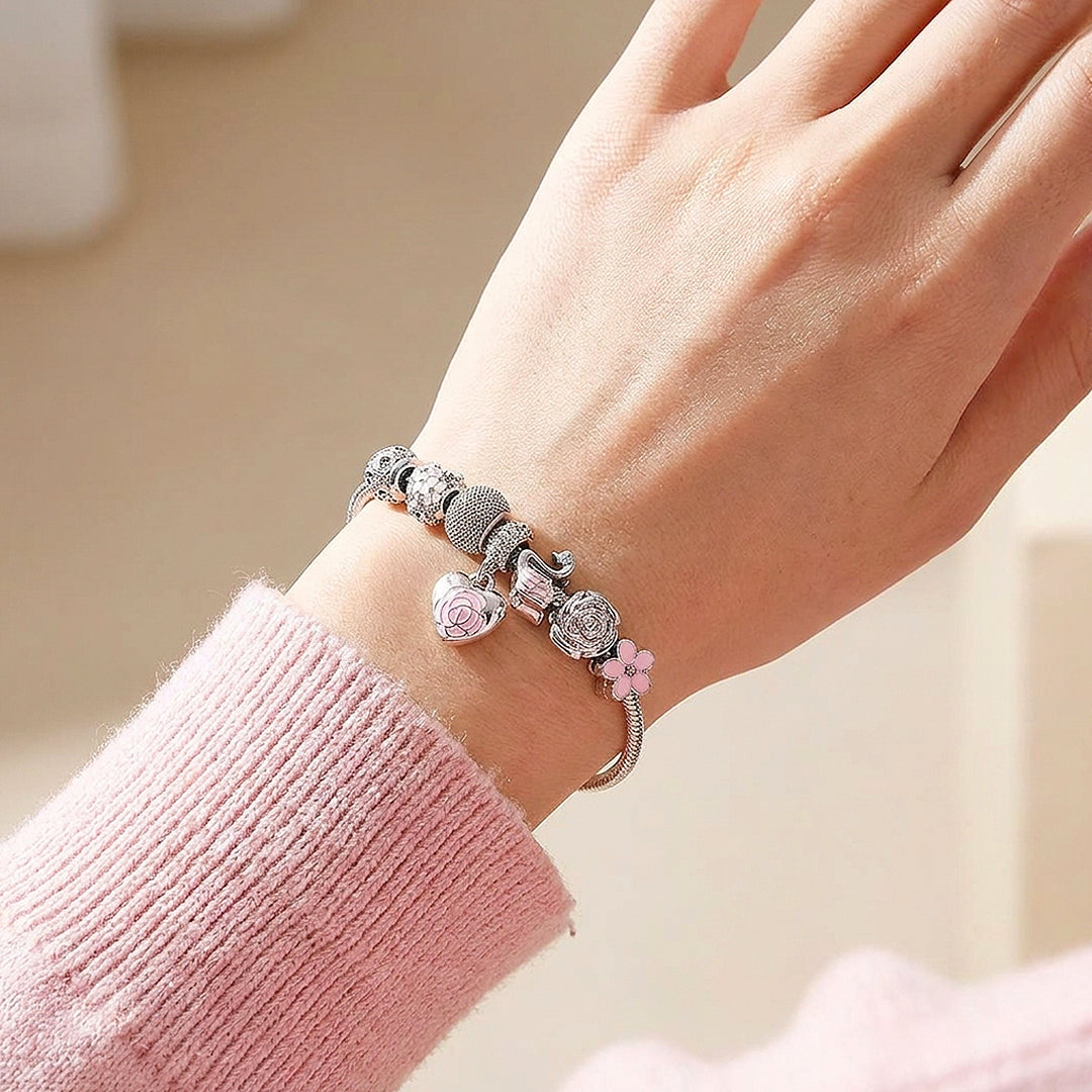 Rose Heart &amp; Swan Charm Bracelet | Diamond Simulant | Luxe6082