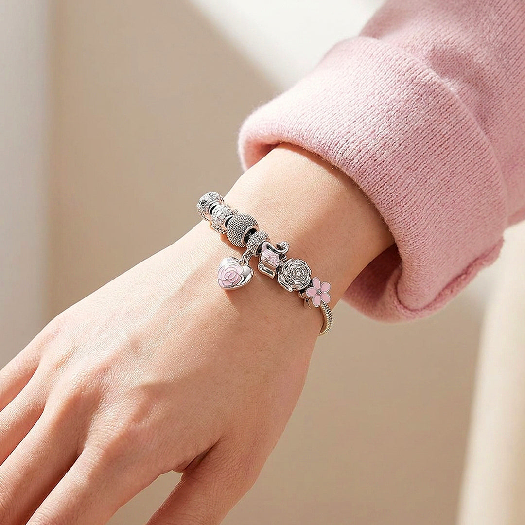 Rose Heart &amp; Swan Charm Bracelet | Diamond Simulant | Luxe6082