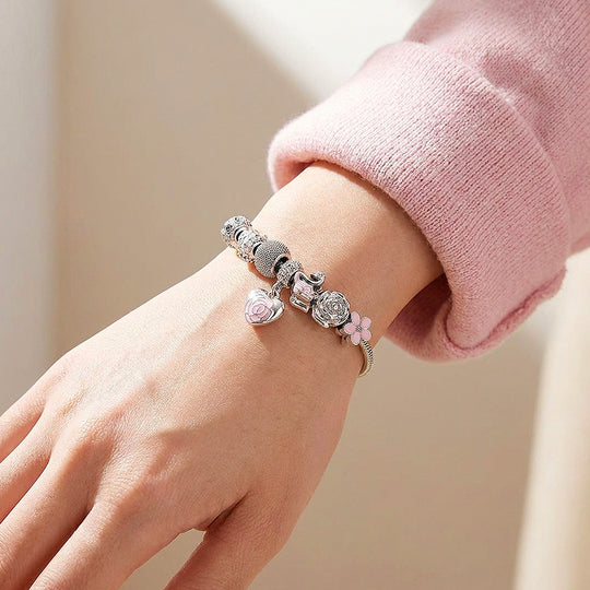 Rose Heart &amp; Swan Charm Bracelet | Diamond Simulant | Luxe6082