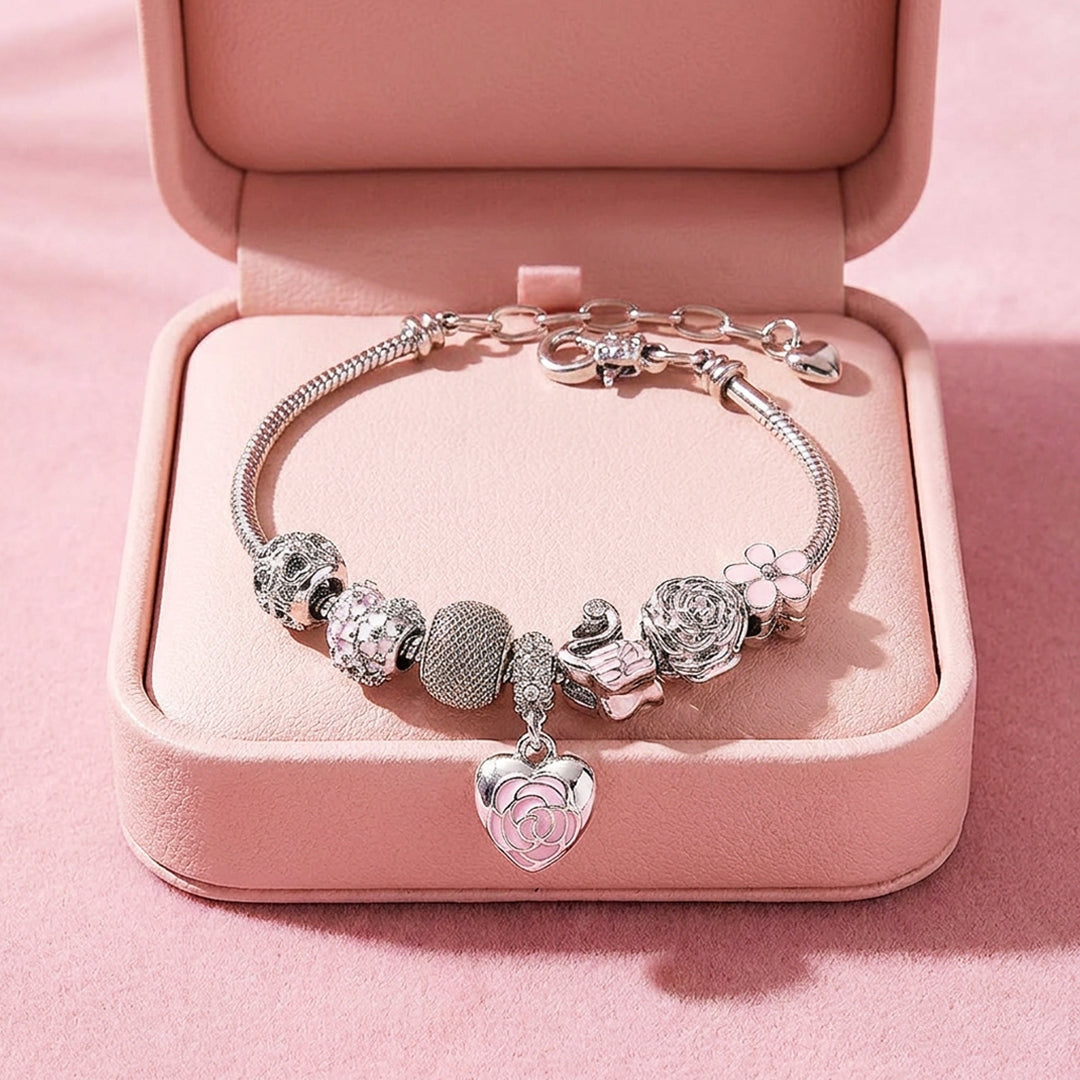 Rose Heart &amp; Swan Charm Bracelet | Diamond Simulant | Luxe6082