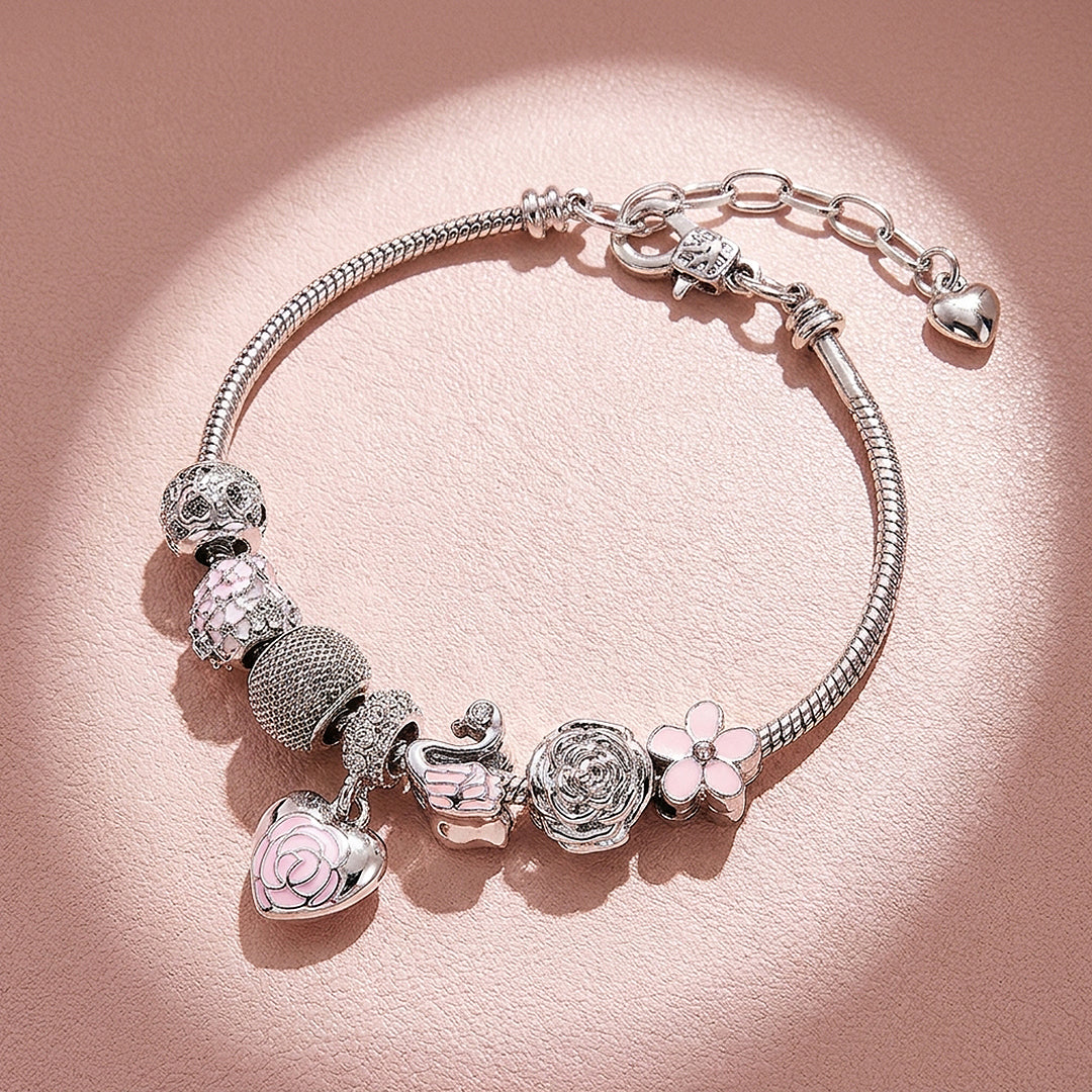 Rose Heart &amp; Swan Charm Bracelet | Diamond Simulant | Luxe6082