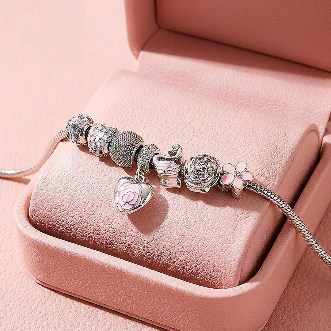 Rose Heart &amp; Swan Charm Bracelet | Diamond Simulant | Luxe6082