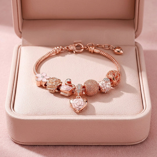 Rose Heart &amp; Swan Charm Bracelet | Diamond Simulant | Luxe6082