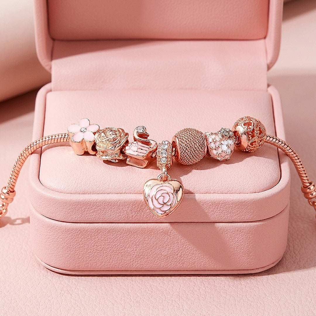 Rose Heart &amp; Swan Charm Bracelet | Diamond Simulant | Luxe6082