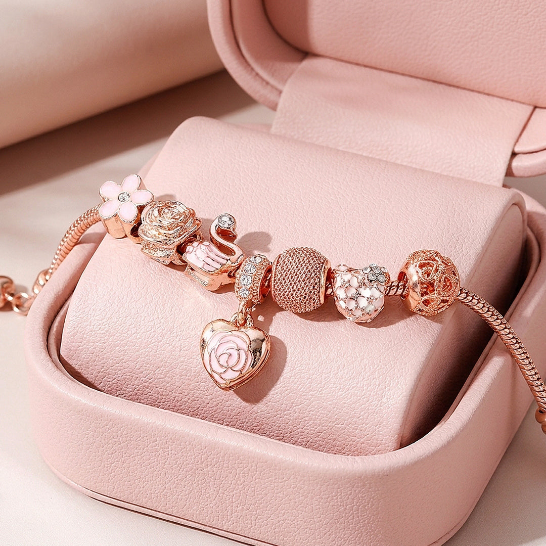 Rose Heart &amp; Swan Charm Bracelet | Diamond Simulant | Luxe6082