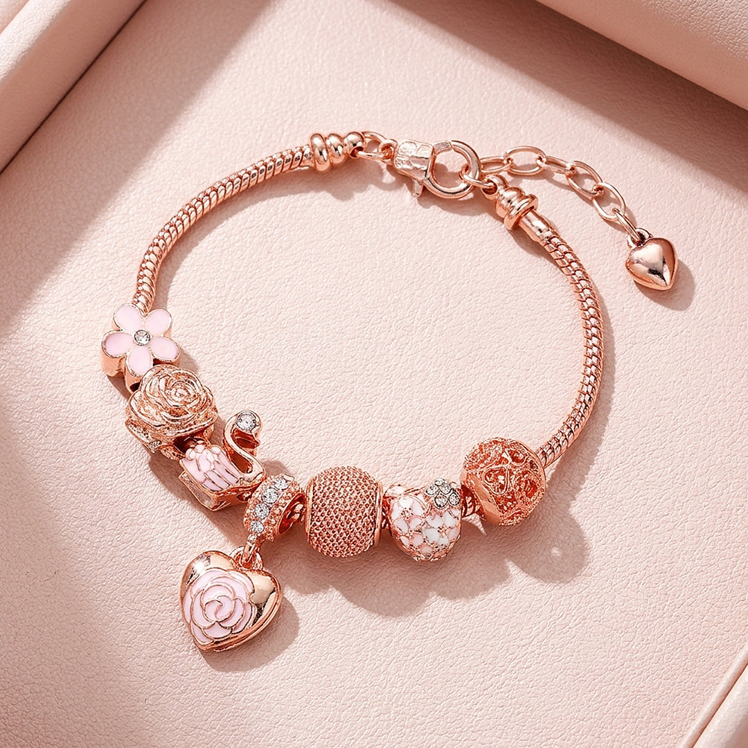 Rose Heart &amp; Swan Charm Bracelet | Diamond Simulant | Luxe6082
