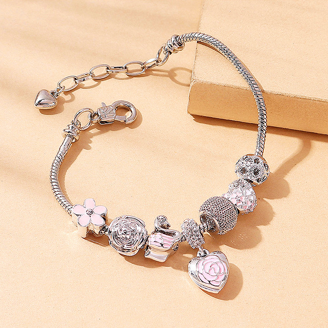 Luxe6082 - Rose Heart & Swan Charm Bracelet