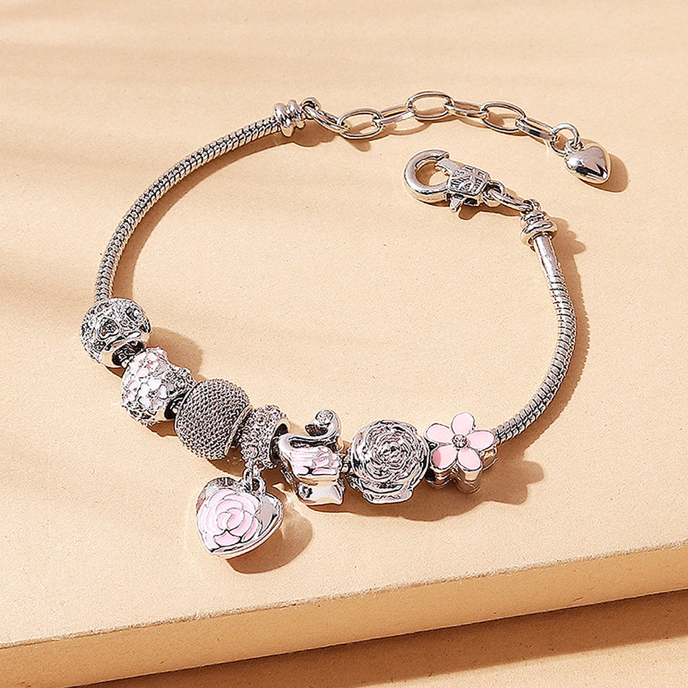 Luxe6082 - Rose Heart & Swan Charm Bracelet