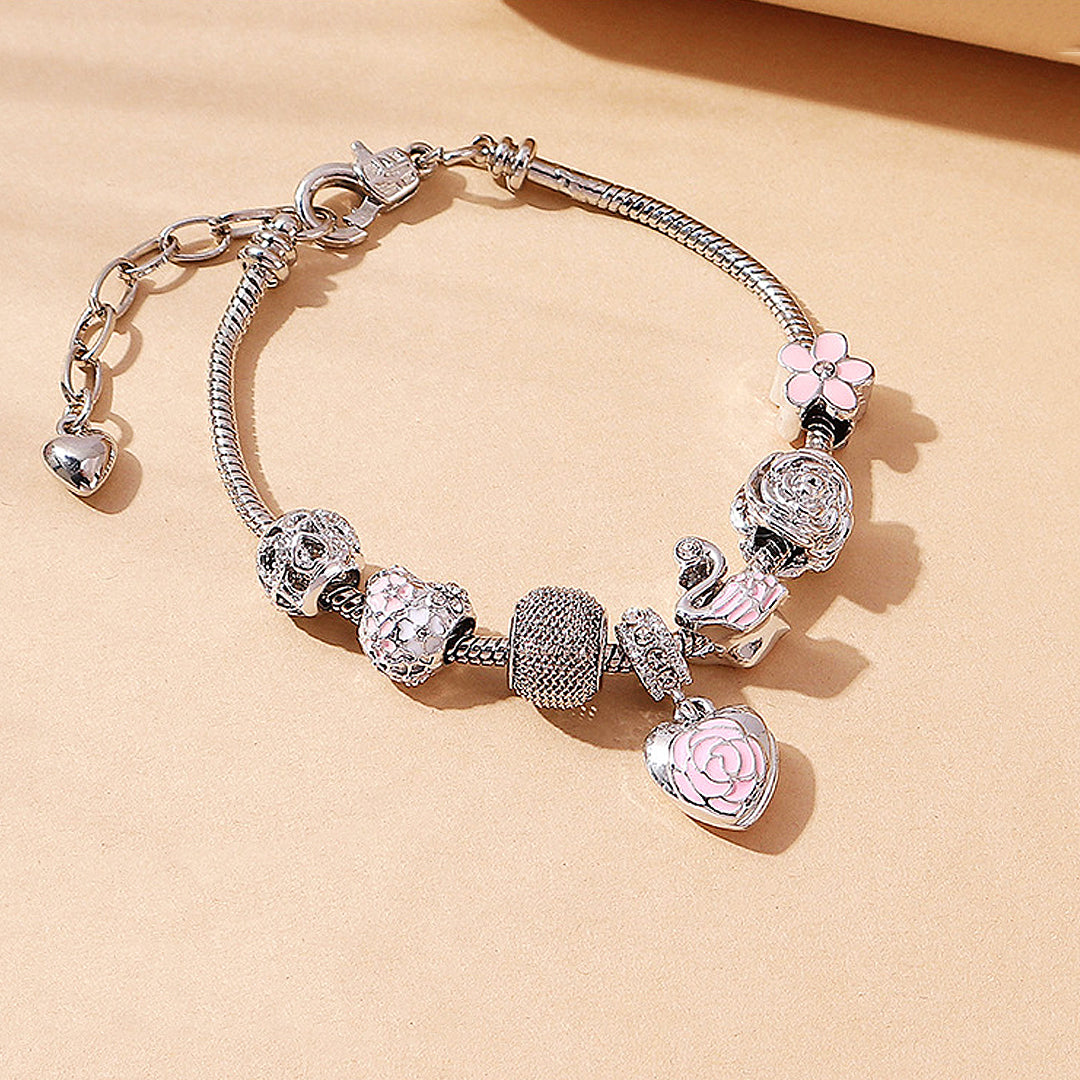 Luxe6082 - Rose Heart & Swan Charm Bracelet