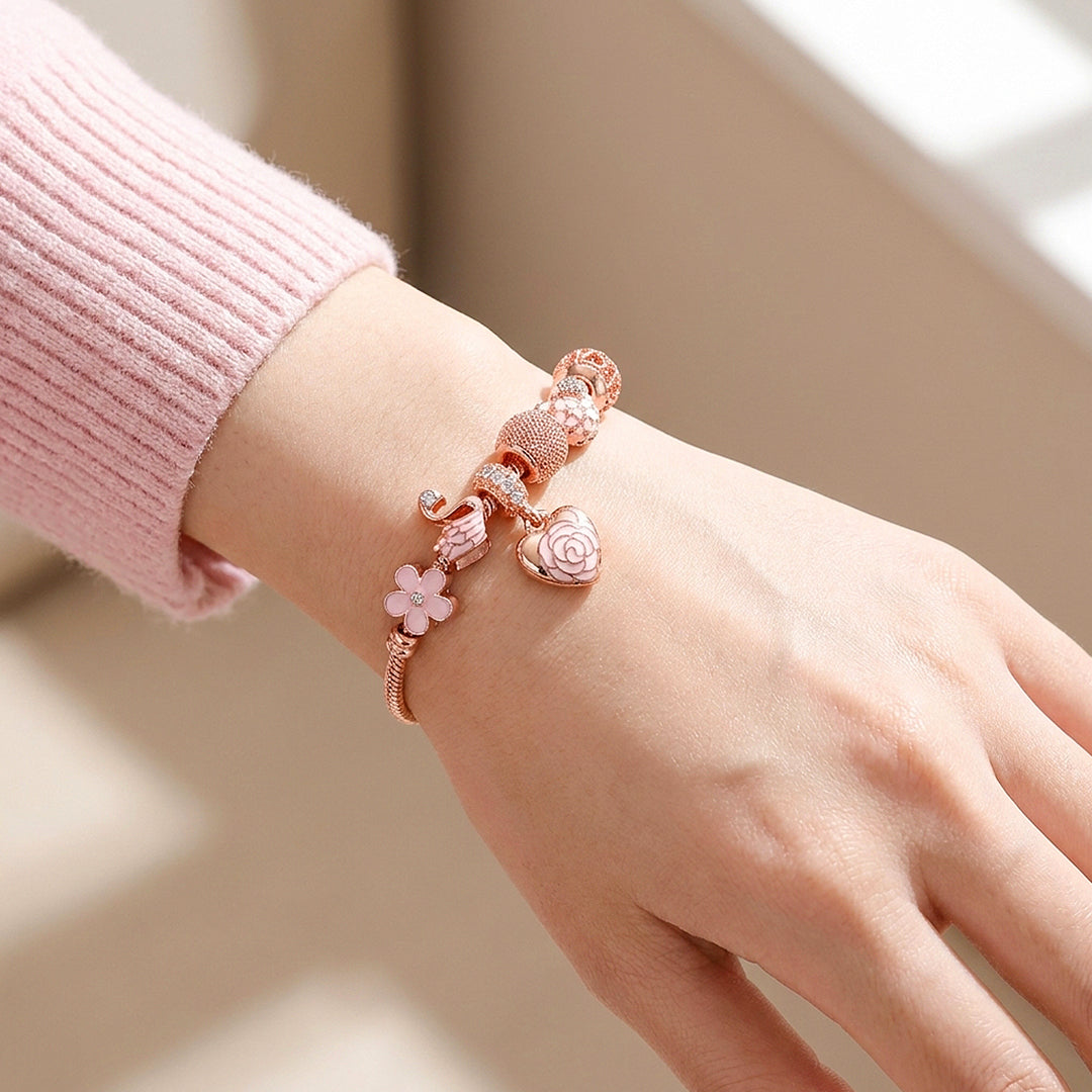 Rose Heart &amp; Swan Charm Bracelet | Diamond Simulant | Luxe6082