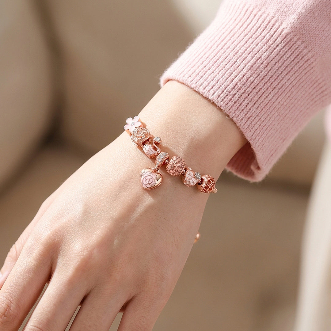 Rose Heart &amp; Swan Charm Bracelet | Diamond Simulant | Luxe6082