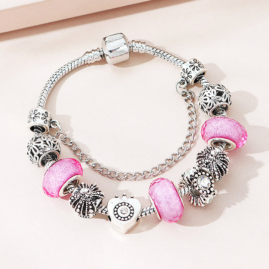 Luxe6222 - Vintage Heart with Pink Beads Charm Bracelet