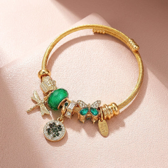 Dragonfly &amp; Clover Charm Bangle | Diamond Simulant | Luxe6237