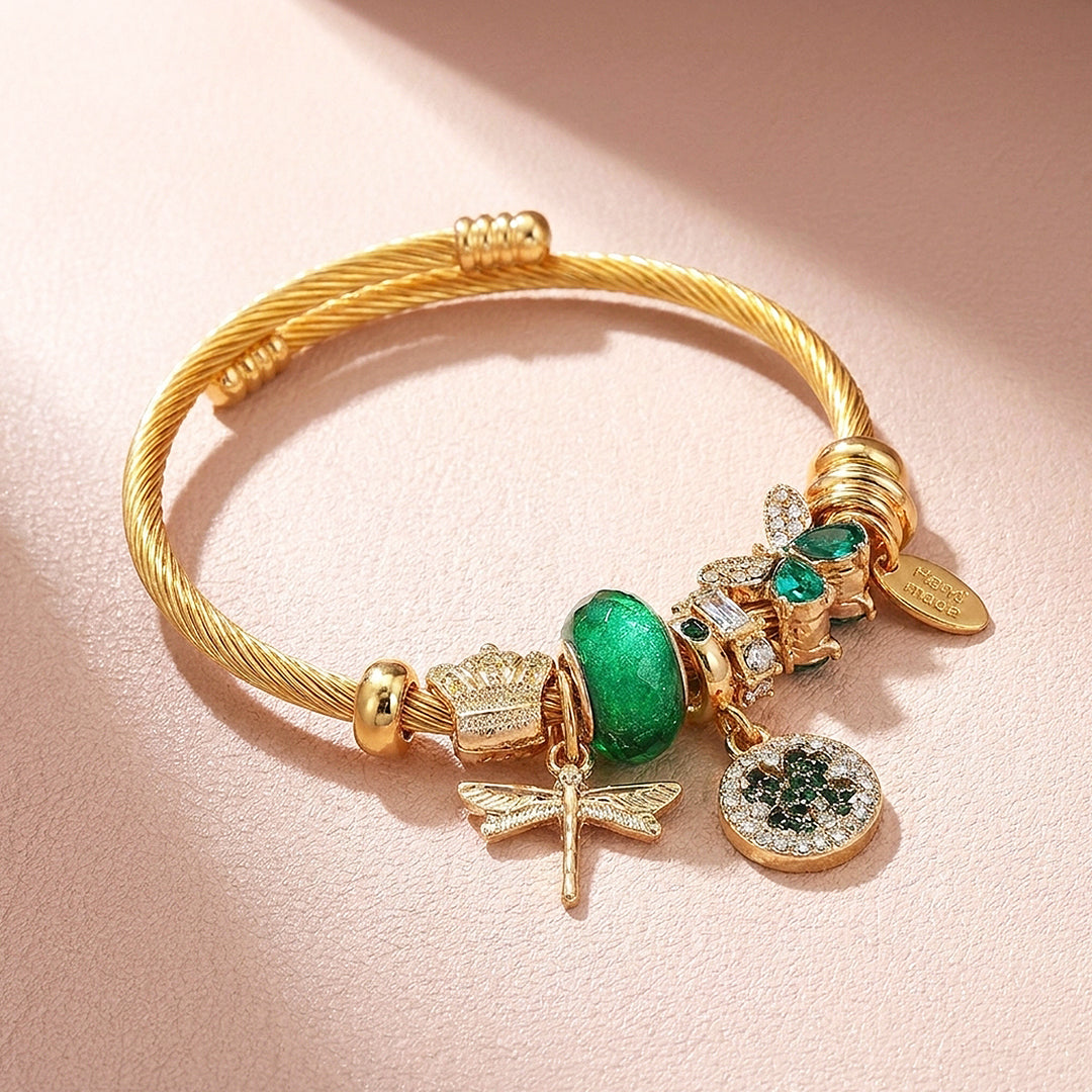 Dragonfly &amp; Clover Charm Bangle | Diamond Simulant | Luxe6237