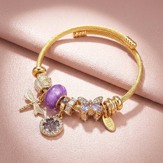 Dragonfly &amp; Clover Charm Bangle | Diamond Simulant | Luxe6237