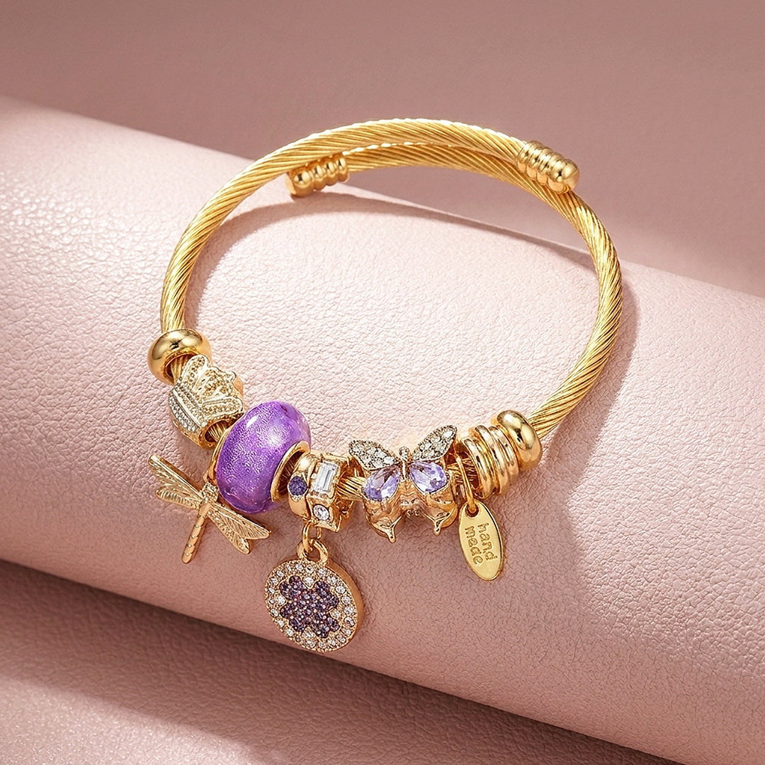 Dragonfly &amp; Clover Charm Bangle | Diamond Simulant | Luxe6237