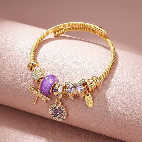 Dragonfly &amp; Clover Charm Bangle | Diamond Simulant | Luxe6237